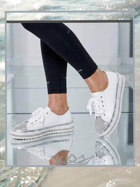 White Rhinestone Lace-Up Platform Sneakers for Women